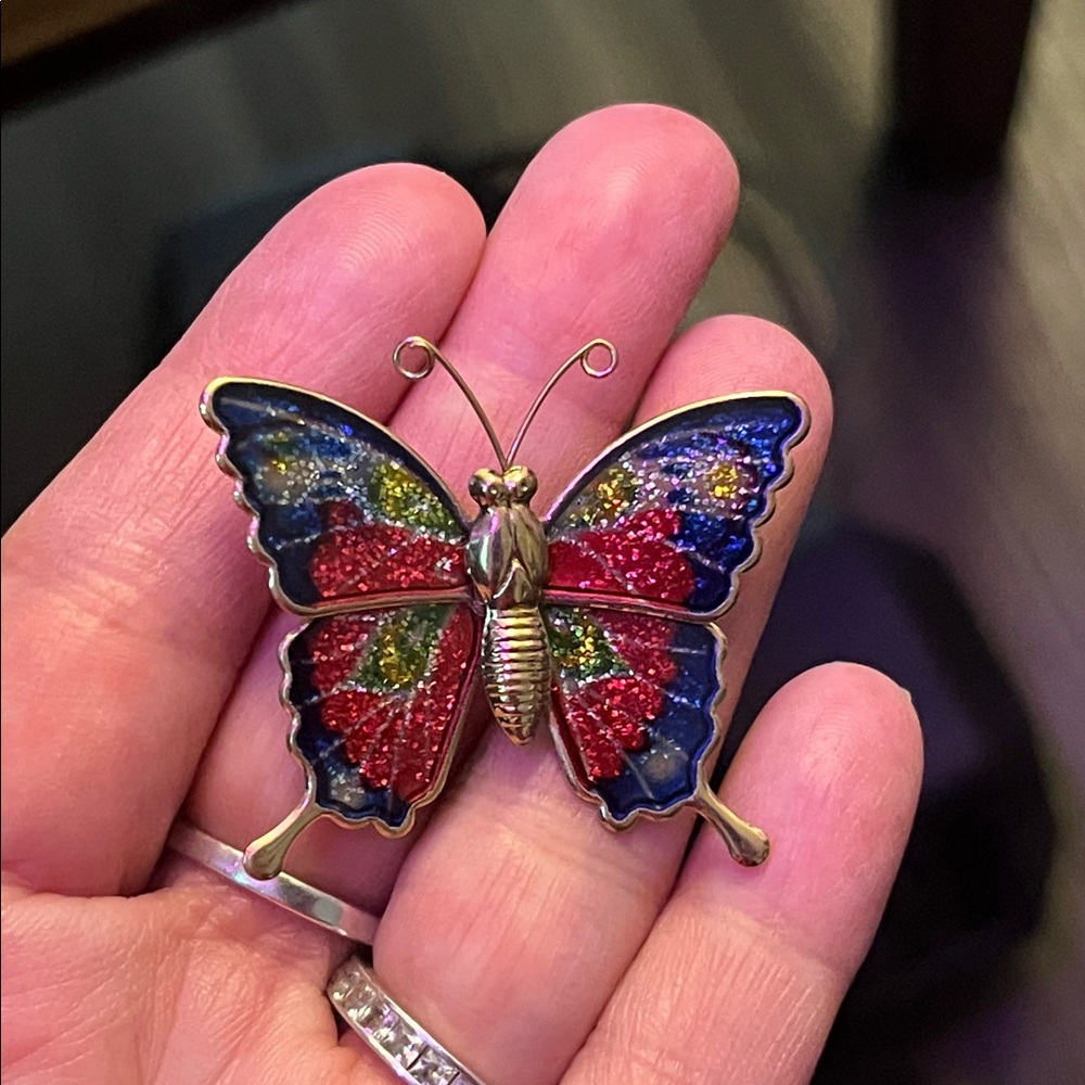 Vintage Gold Butterfly Brooch with Red and Blue Enamel